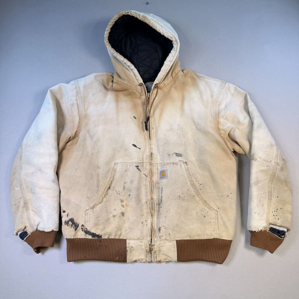 Carhartt Made in USA Quilted Lined Duck Jacket J140 Brown/Tan Size L Distressed